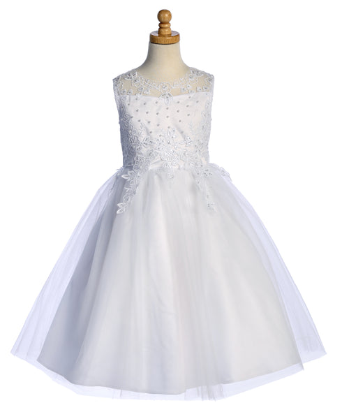 Girls Pearl Sequin Embroidered Tulle Tea Length Communion Dress 6-12